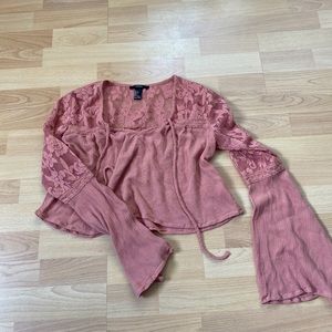 Coral lace crop bell sleeve top